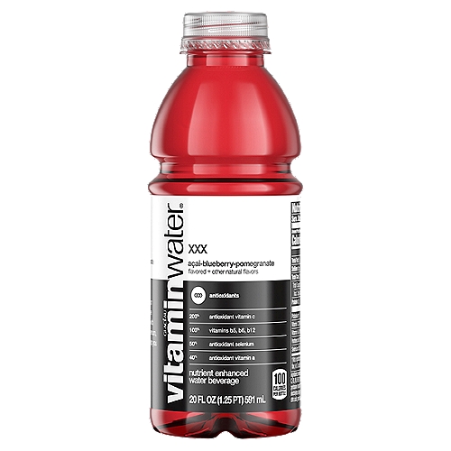 vitaminwater XXX, açai-blueberry-pomegranate Bottle, 20 fl oz
this just in: there's some good news for good people who like good stuff—there's more of it (because we put more in there). you know the bottle of liquid beverage that has a color moment everywhere it goes? yeah, you know the one. 

well, xxx is the same acai-blueberry-pomegranate flavored water beverage with vitamins and deliciousness, but now it's a bazillion times more good because of all the nutrient enhancements and its sports-level hydration. and yes, it still has an iconic color moment everywhere it goes (we could never change that). 

okay, okay, let's get to the point. what does this upgrade mean for you? it means vitamins. and electrolytes. and more nutrients. which are all good things. with 100 calories per 20oz bottle. 

it also means this vitaminwater xxx has three types of antioxidants to help fight free radicals: vitamin A, vitamin C and selenium.

and that's bad news for the people who like bad stuff. 

so, make sure to pick up a pack if you're a do-gooder or a good stuff appreciator or a color icon, just like us.

• great taste. more nutrients. win win.
• vitamin and nutrient-enhanced water beverage with electrolytes and other good stuff
• with three types of antioxidants to help fight free radicals: vitamin a, vitamin c and selenium
• plus a great source of vitamin b5, vitamin b6, and vitamin b12
• the delicious taste of açai-blueberry-pomegranate flavor with other natural flavors
• get a 20 fl oz bottle of vitaminwater xxx, 100 calories each