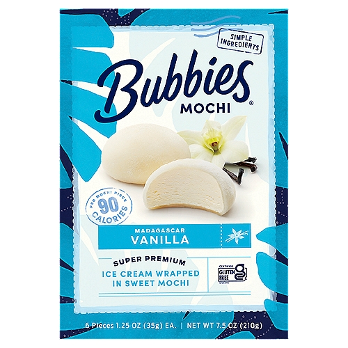 Bubbies Madagascar Vanilla Ice Cream Wrapped in Sweet Mochi, 1.25 oz, 6 count
Next Stop: Paradise
Bubbies takes you on a trip, and it comes on quick when you take a bite!
Surprisingly soft, delightfully chewy mochi. Rich, creamy super-premium ice cream. That blissfully unexpected Wow! Before you know it, you're already there: paradise.
And with the best ingredients, the highest standards, and just the right amount of real Madagascar vanilla in every bite, each piece is a perfectly portioned ticket. Let's go.

No rBST*
*Milk from cows not treated with rBST. No significant difference has been shown between milk derived from rBST-treated and non-rBST-treated cows.