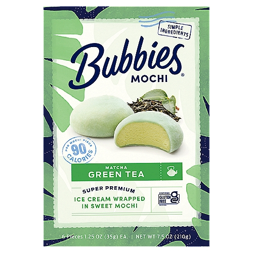 Bubbies Matcha Green Tea Mochi, 1.25 oz, 6 count
Ice Cream Wrapped in Sweet Mochi

No rBST*
*Milk from cows not treated with rBST. No significant difference has been shown between milk derived from rBST-treated and non-rBST-treated cows.

Next Stop: Paradise
Bubbies takes you on a trip, and it comes on quick when you take a bite! Surprisingly soft, delightfully chewy mochi. Rich, creamy super-premium ice cream. That blissfully unexpected Wow! Before you know it, you're already there: paradise. And with the best ingredients, the highest standards, and just the right amount of real green tea in every bite, each piece is a perfectly portioned ticket. Let's go.