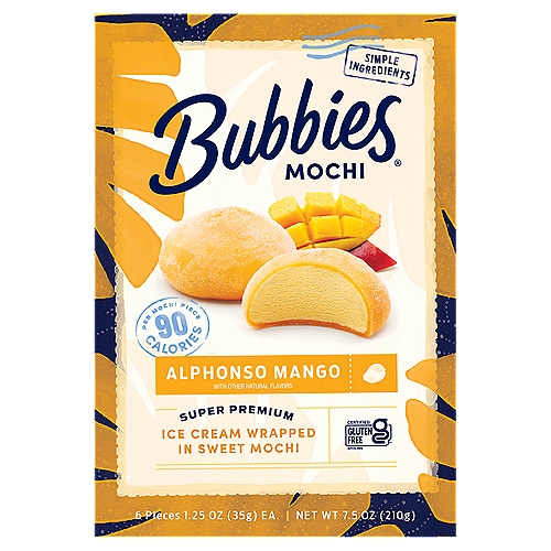 Bubbies Alphonso Mango Mochi, 1.25 oz, 6 count
Next Stop: Paradise
Bubbies takes you on a trip, and it comes on quick when you take a bite! Surprisingly soft, delightfully chewy mochi. Rich, creamy super-premium ice cream. That blissfully unexpected Wow! Before you know it, you're already there: paradise. And with the best ingredients, the highest standards, and just the right amount of real green tea in every bite, each piece is a perfectly portioned ticket. Let's go.

No rBST*
*Milk from cows not treated with rBST. No significant difference has been shown between milk derived from rBST-treated and non-rBST-treated cows.