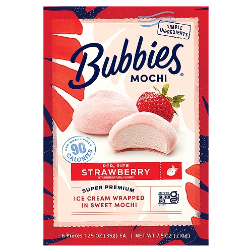 Bubbies Red, Ripe Strawberry Mochi, 1.25 oz, 6 count
Ice Cream Wrapped in Sweet Mochi

No rBST*
*Milk from cows not treated with rBST. No significant difference has been shown between milk derived from rBST-treated and non-rBST-treated cows.