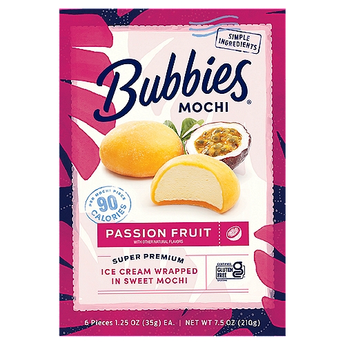 Bubbies Passion Fruit Ice Cream Wrapped in Sweet Mochi, 1.25 oz, 6 count
Next Stop: Paradise
Bubbies takes you on a trip, and it comes on quick when you take a bite!
Surprisingly soft, delightfully chewy mochi. Rich, creamy super-premium ice cream. That blissfully unexpected Wow! Before you know it, you're already there: paradise.
And with the best ingredients, the highest standards, and the delicious taste of passion fruit in every bite, each piece is a perfectly portioned ticket. Let's go.

No rBST*
*Milk from cows not treated with rBST. No significant difference has been shown between milk derived from rBST-treated and non-rBST-treated cows.