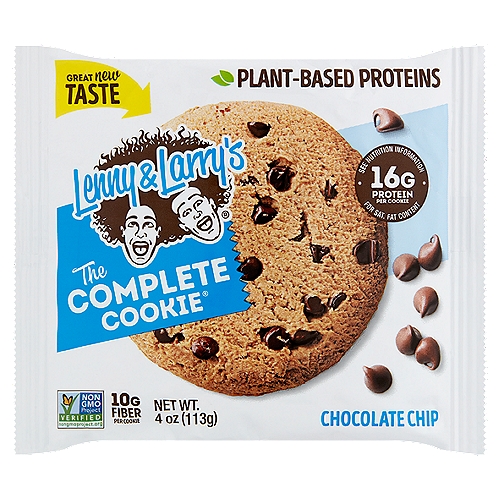 Lenny & Larry's The Complete Cookie Chocolate Chip Cookie, 4 oz
The Complete Package
✓ 16g Protein per Cookie
✓ 10g Fiber per Cookie
✓ Non-GMO Project Verified
✓ No Soy Ingredients*
✓ No Dairy Ingredients*
✓ No Egg*
✓ Vegan
✓ Kosher
✓ No High Fructose Corn Syrup
✓ No Artificial Sweeteners
✓ 0g Sugar Alcohols
✓ Sustainable Palm Oil
*Manufactured in a facility that also processes peanut, tree nut, soy, milk and egg.