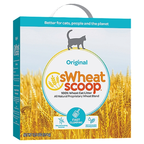 Swheat Scoop Fast-Clumping Mother Nature's Cat Litter, 12.3 lbs
Flushable** & biodegradable
**please visit sWheatScoop.com to review directions on flushing your litter

sWheat Scoop® fast-clumping is nice to cats, but not nice to odors. Made from biodegradable wheat, fast-clumping utilizes wheat enzymes and sWheat Scoop's exclusive Noble Ion® Technology to eliminate urine and ammonia odors.
All that odor-fighting power without the added dyes, perfumes, dust, or harmful ingredients typically found in clay litters. Finally, a cat litter that works like a cat litter should.

Noble Ion™ Odor Eliminator
Noble Ion® Technology
Positive ions eliminate negative ions in pet odors