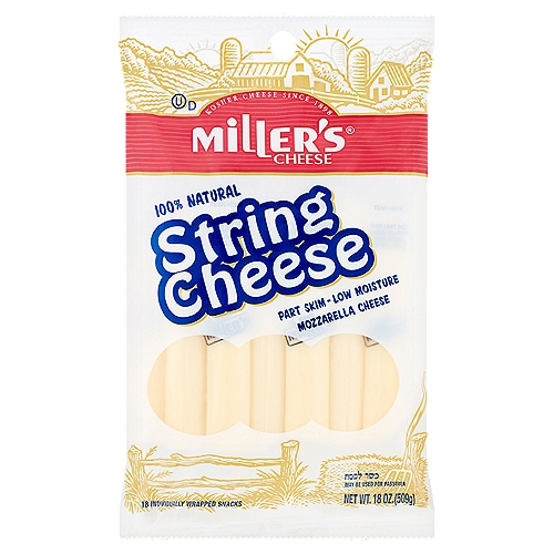 Miller's Mozzarella String Cheese, 18 count, 18 oz
Part Skim - Low Moisture Mozzarella Cheese