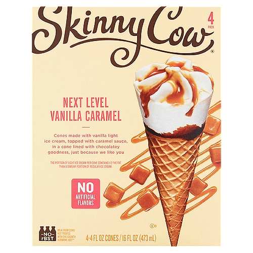 Skinny Cow Next Level Vanilla Caramel Ice Cream Cones, 4 fl oz, 4 count
Cones made with vanilla light ice cream, topped with caramel sauce, in a cone lined with chocolatey goodness, just because we like you

The Portion of Light Ice Cream per Cone Contains 1/2 the Fat than a Similar Portion of Regular Ice Cream.

No rBST
Milk from Cows Not Treated with the Growth Hormone rBST**
**No Significant Difference Has Been Shown Between Milk from rBST Treated and Non-rBST Treated Cows.

Treat Yourself
Go ahead. Enjoy the heck out of this cone. This delicious treat is perfectly portioned so you can savor every last morsel.

The Portion of Light Ice Cream per Cone Contains 2g of Fat Compared to 8g of Fat in a Similar Portion of Regular Ice Cream.