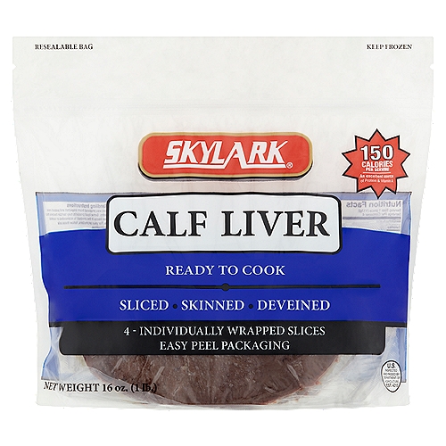 Skylark Calf Liver, 4 count, 16 oz
The Goodness of Liver:
• 4g fat
• 150 calories
• 23g protein
• 380% daily vitamin A