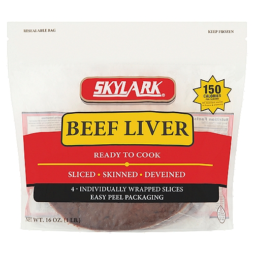 Skylark Beef Liver, 4 count, 16 oz
The Goodness of Liver:
• 4g fat
• 150 calories
• 23g protein
• 380% daily vitamin A