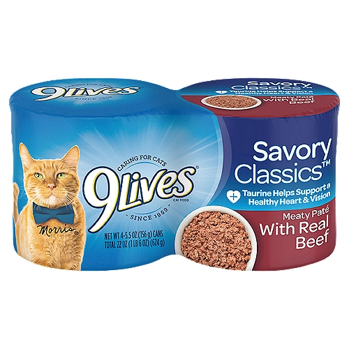 Morris 9Lives Meaty Paté with Real Beef Cat Food, 5.5 oz, 4 count
Nutritional Statement: 9Lives® Meaty Paté With Real Beef cat food is formulated to meet the nutritional levels established by the AAFCO Cat Food Nutrient Profiles for maintenance.