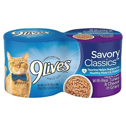 9Lives Savory Classics Hearty Cuts with Real Turkey & Cheese in Gravy Cat Food, 5.5 oz
9Lives® Hearty Cuts with Real Turkey & Cheese in Gravy canned cat food is formulated to meet the nutritional levels established by the AAFCO Cat Food Nutrient Profiles for maintenance.