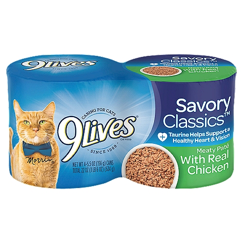 9Lives Savory Classics Meaty Paté with Real Chicken Cat Food, 5.5 oz, 4 countnNutritional Statement: 9Lives® Savory Classics™ Meaty Paté with Real Chicken cat food is formulated to meet the nutritional levels established by the AAFCO Cat Food Nutrient Profiles for adult maintenance.