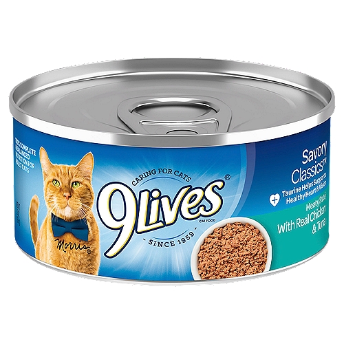 9Lives Savory Classics Meaty Paté with Real Chicken & Tuna Cat Food, 5.5 ozn9Lives® Meaty Paté with Real Chicken cat food is formulated to meet the nutritional levels established by the AAFCO Cat Food Nutrient Profiles for adult maintenance.