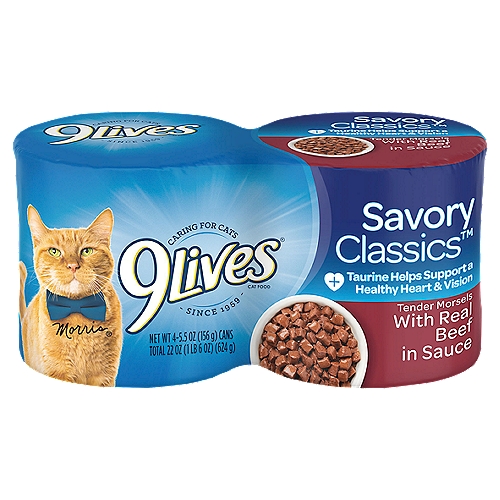 9Lives Savory Classics Tender Morsel with Real Beef in Sauce Cat Food, 5.5 oz, 4 count