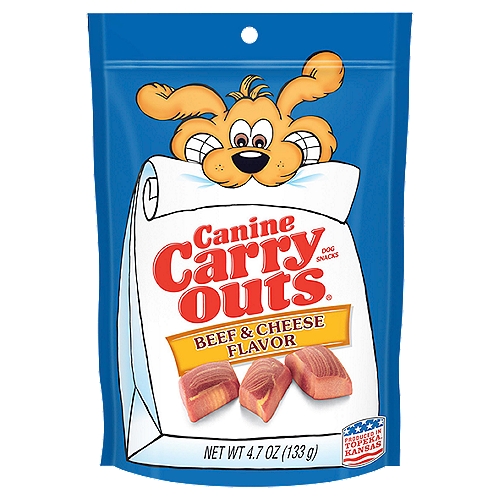 Canine Carry Outs Beef & Cheese Flavor Dog Snacks, 4.7 oznYour dog loves the snacks you carry home in a doggie bag. So why not reward him every day with Canine Carry Outs® Beef & Cheese Flavor chewy snacks for dogs with the look and taste of real beef!