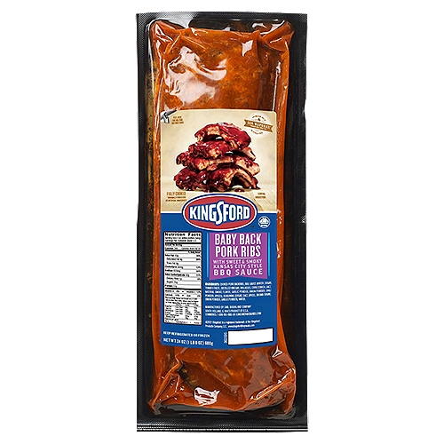 Kingsford Baby Back Pork Ribs with Sweet & Smoky Kansas City Style BBQ Sauce, 24 oz
All Natural* Ingredients
*Minimally Processed