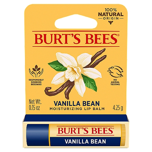 Take the smooth, warm flavor of classic vanilla with you on your lips wherever you go. Our essential Burt's Bees® Moisturizing Lip Balms nourish and make your lips feel luxurious with one swipe. Infused with a sweet vanilla flavor and nutrient rich botanicals like Beeswax to richly moisturize and soften lips, the nourishing oils and butters will make your lips juicy, happy and healthy. With a matte finish and moisturizing balm texture, this tube of tint free soothing lip balm glides on smoothly to nourish dry lips while keeping them revitalized and hydrated. The perfectly pocket sized tube conveniently tucks into your drawer or purse so that you can keep natural, nurturing lip care handy. This 100% natural origin beauty product is formulated without parabens, phthalates, petrolatum and SLS and will beautify and revitalize your lips. Use these natural Burt's Bees Moisturizing Lip Balms to make lips feel their best.