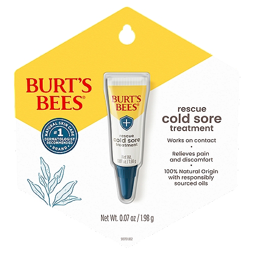 BURT'S BEES Rapid Rescue Cold Sore Treatment, 0.07 oz
Nature's most powerful ingredients work to promote the healing of cold sores and fever blisters from first use. This unique formula pairs our rhubarb and sage complex with natural glycerin and camphor to deliver powerful relief and protection to give you fast relief.

Drug Facts
Active ingredients - Purpose
Camphor 0.25% - Fever blister / cold sore treatment
Glycerin 22.25% - Fever blister / cold sore treatment

Uses
• Temporarily relieves pain and itching associated with fever blisters and cold sores. Relieves dryness and softens cold sores and fever blisters.