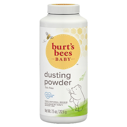 Burt's Bees Baby Dusting Powder, 7.5 oznA talc free, 100% natural solution to baby dusting powder is here. Burt's Bees Baby™ Dusting Powder is a bath time and changing table must have and is clinically shown to be non irritating and safe for baby's delicate skin. This 100% natural origin, talc free baby powder keeps baby's skin feeling soft, smooth, dry and wonderfully scented. The naturally absorbent cornstarch makes this dusting powder safe and smooth for topical use. Pediatrician tested and safe for your baby's delicate skin, this dusting powder is formulated with no parabens, phthalates, petrolatum or SLS, and it is not tested on animals. Keep on your changing table and in your diaper bag for relief on the go. Smooth the powder liberally onto baby's skin and reapply as needed to absorb dampness and leave behind a gentle, clean scent. Discover all the ways to nurture and protect your baby's skin naturally with Burt's Bees® Baby Bee®.