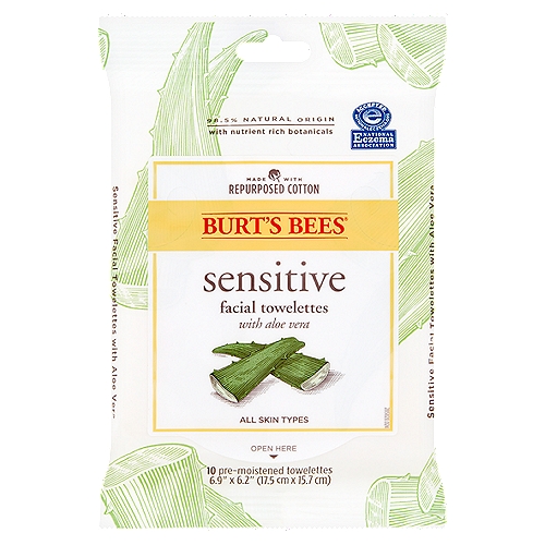 Burt's Bees Sensitive Facial Towelettes with Aloe Vera, 10 count
We take cotton left behind from making t-shirts and turn it into soft, compostable towelettes, helping us all close the loop on waste. If your towelette has colorful flecks, don't worry—it's the cotton!

Our silky soft towelettes wipe away a day's worth of makeup, dirt and oil—no rinsing required. You're left with soft, clean skin, and a hint of fresh Cucumber and Mint scent to awaken your senses.