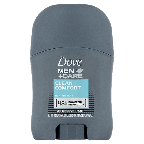 Dove Men+Care Clean Comfort Antiperspirant, 0.5 oz
Drug facts
Active ingredient - Purpose
Aluminum Zirconium Tetrachlorohydrex Gly (15.2%) - anti-perspirant

Uses
• Reduces underarm wetness
• 48 hour protection