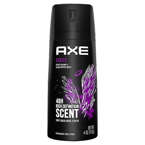 Axe Excite Crisp Coconut & Black Pepper Scent Deodorant Bodyspray, 4 oz
Welcome to the Future
It Smells Amazing
With Zinc Technology. Fight Odor. Great Fragrances
Formula with No Aluminum - Formulated without Aluminum