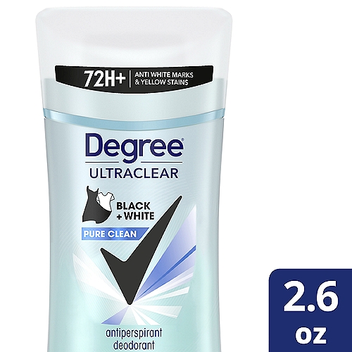 Degree UltraClear Black and White Pure Clean Antiperspirant Deodorant, 2.6 oz
Degree is upgrading to our best formula yet. Our new and improved formulation gives you 72 hours of nonstop sweat and odor protection. You will still find all the same fragrances you know and love, but now with our new and improved long lasting protection! For a limited time, you may still receive our old 48-hour formulation while all our new 72-hour products make their way to a store near you. For the details of these changes, scroll down to see a full list of ingredients. 

Degree UltraClear Black+White antiperspirant deodorant in Pure Clean comes in a 2.6 oz deodorant. This will be your new favorite go to women's deodorant for everyday use. With no white marks on black clothes and no yellow stains on white clothes, you'll look great and feel confident that you're protected from deodorant stains, sweat and body odor. Degree antiperspirant deodorant UltraClear Black+White has a breakthrough formula that cuts down on the stains that some other antiperspirants leave behind when they mix sweat and natural oils produced by your body. 

With a Pure Clean fragrance, expect a fresh and airy fragrance with a clean feel. This deodorant for women is the perfect way to start your day, and also for those moments throughout your day when you may need freshening up.

An active life can lead to sweating and body odor. Degree UltraClear Black+White in Pure Clean deodorant for women keeps you feeling cool, fresh and protected from underarm sweat, no matter what challenges the day may bring. With 72H non-stop protection, non-stop confidence, Degree gives you the confidence to keep progressing, keep moving, however you move. Only Degree has a unique MotionSense® technology that keeps you fresher the more you move. Here's how it works: unique microcapsules sit on the surface of your skin. When you move, friction breaks those microcapsules, and they release more fragrance. 

This powerful antiperspirant for women responds when you need it most, and with deodorant stains protection, you can remain confident without having to worry about slowing down. 

Whatever you do, however you do it, Degree wants to help inspire the confidence in you to move more, and with this deo, it'll provide you the confidence that sweat and odor will not get in your way of your progress. 

Degree. It won't let you down.

48H Ingredient List:
Active Ingredient: Aluminum Zirconium Tetrachlorohydrex GLY (11.4%) 
Inactive Ingredients: Cyclopentasiloxane, PPG-14 Butyl Ether, Stearyl Alcohol, Polyethylene, Fragrance (Parfum), Hydrogenated Castor Oil, PEG-8 Distearate, Silica, Caprylic/Capric Triglyceride, Sodium Starch Octenylsuccinate, Hydrated Silica, Maltodextrin, Gelatin Crosspolymer, Hydrolyzed Corn Starch Octenylsuccinate, BHT, Cellulose Gum
72H Ingredient List:
Active Ingredient: Aluminum Sesquichlorohydrate (9.6%) 
Inactive Ingredients: Cyclopentasiloxane, PPG-14 Butyl Ether, Stearyl Alcohol, Polyethylene, Fragrance (Parfum), Glycine, Hydrogenated Castor Oil, PEG-8 Distearate, Calcium Chloride, Sodium Starch Octenylsuccinate, Silica, Maltodextrin, Hydrolyzed Corn Starch Octenylsuccinate, BHT