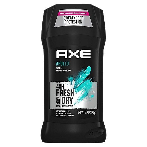 Axe Apollo 48H Anti Sweat High Definition Scent Antiperspirant, 2.7 oz
Drug Facts
Active ingredient - Purpose
Aluminum zirconium tetrachlorohydrex GLY (19.0%) - antiperspirant

Uses
• reduces underarm wetness
• 48 hour protection
