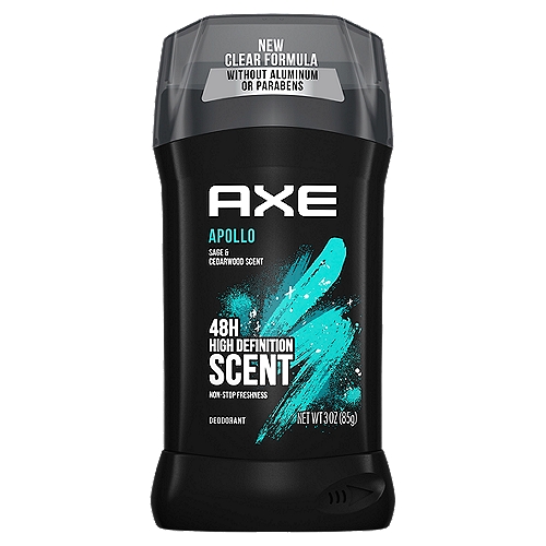 AXE Dual Action Deodorant Stick Apollo 3.0 oz
Uses: Reduces underarm odor. 48 hour protection.

Style in a mens deodorant

Smell as fresh as you look. Because you never know when opportunity will strike, you need a stick deodorant that's going to keep you smelling on point all day, every day. With its 48 hour High Definition scent, AXE Apollo Deodorant Stick for Men has got you covered. Always 100% fresh, the sage and cedarwood scents combine to leave you smelling great and feeling awesome. All. Day. Long

Same classic AXE Apollo scent, fresh new look. But what's on the inside matters too. Bust odor and smell fresh with our first Dual Action mens deodorant. Plus our new aluminum free deodorant and paraben free formula gives total odor protection and boosts confidence. All day, all night no matter what, you're ready. 

Fresher you, cleaner planet. By 2025, AXE aims for all our packaging to be recyclable or to include recycled materials

At AXE, we believe that one of the keys to attraction is an irresistible fragrance. That's why we're dedicated to giving you all the best tools to make sure that whenever opportunity comes your way, you're smelling your absolute best 

Welcome to the future. It smells amazing.
New and upgraded AXE. Smell ready.