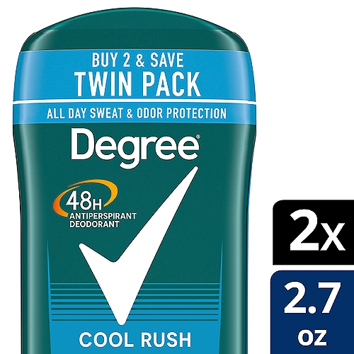 Degree Men Original Cool Rush Antiperspirant Deodorant Twin Pack, 2.7 oz, 2 countnDegree Men Cool Rush Antiperspirant Deodorant delivers 48 hour sweat and odor protection to keep you feeling dry and fresh. This antiperspirant deodorant for men works as hard as you do and offers 48 hour protection, so you can take on the day. Our Cool Rush Antiperspirant Deodorant features a refreshing kick of crisp, arctic freshness. The powerful antiperspirant deodorant responds when you need it most, so you can stay confident without having to worry about slowing down. You can be confident you'll be protected from sweat and odor by this antiperspirant for men. Stay fresh and feel clean from morning to night. Simply twist, glide and get moving. The crisp, energizing scent helps to keep you as fresh as when you started your day. Stay dry, cool, and confident thanks to Degree Men Cool Rush Antiperspirant Deodorant. At Degree, we want to inspire the confidence in everyone to move more and go further. We're here to support your journey through an antiperspirant that moves with you and helps you go beyond your limits. As well as increasing our use of reusable materials, we're making it easier for you to recycle our antiperspirant and dry spray packaging. Degree. It won't let you down.