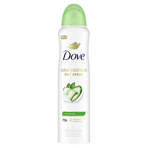 Dove Advanced Care Go Fresh Cool Essentials Dry Spray 48h Antiperspirant, 3.8 oznInfused with the fresh fragrance of crisp cucumber and honeydew melon blended with green tea, Dove Advanced Care Cool Essentials Dry Spray Antiperspirant Deodorant is ideal for a long lasting invigorating, fresh scent. Containing Dove a quarter moisturizers with natural oil, this antiperspirant spray helps leave underarms soft and comfortable. As much as it cares for your skin, this dry spray doesn't compromise on antiperspirant protection. Keeping you fresh, this gentle deodorant for women protects from sweat and odor for up to 48 hours. This antiperspirant goes on instantly dry, so you can get dressed and start your day right away. In addition to staying cool all day long, Dove antiperspirant spray helps you care for your underarms. This alcohol free formula helps delicate underarm skin recover from the underarm irritation that regular shaving can cause.nnFor best results, apply this Dove antiperspirant deodorant to dry skin after showering and enjoy fresh, comfortably dry skin from morning to night. nnDove is Certified Cruelty Free by PETA because we believe that real beauty is cruelty free. nnWe're on a mission to help women raise their self esteem because we believe beauty should be a source of confidence, not anxiety. Dove Antiperspirant Deodorants deliver effective underarm protection and are kind to skin, so women can be free of underarm inhibitions and live beautifully unselfconsciously.