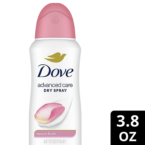 Dove Advanced Care Beauty Finish Dry Spray Antiperspirant Deodorant, 3.8 oz
Drug Facts
Active ingredient - Purpose
Aluminum chlorohydrate (20.2%) - Antiperspirant

Uses
• reduces underarm wetness