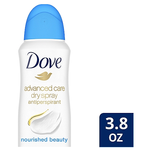 Dove Advanced Care Dry Spray Nourished Beauty Antiperspirant Deodorant, 3.8 oz
If you're searching for soft and comfortable underarms with long-lasting protection, try Dove Advanced Care Nourished Beauty Dry Spray Antiperspirant Deodorant. With 1/4 moisturizers enriched with natural oil, this dry spray cares for your underarm skin. Alcohol-free, the kind-to-skin formula helps delicate underarm skin recover from shaving irritation, leaving you with soft, healthy-feeling underarms. Designed with skin in mind, this pampering deodorant delivers protection in an ultra-caring way. The perfect addition to your underarm care routine, this non-irritating antiperspirant balances gentle care and effective protection. Use this antiperspirant deodorant spray regularly to enjoy 48-hour protection from sweat and odor. Enjoy the fruity notes combined with a crisp, floral scent of white jasmine and lily that will keep you feeling dry and fresh all day. 

For best results, apply this Dove antiperspirant deodorant to dry skin after showering and enjoy fresh, comfortably dry skin from morning to night.

Dove is certified cruelty-free by PETA because we believe that real beauty is cruelty-free. 

We're on a mission to help women raise their self-esteem - because we believe beauty should be a source of confidence, not anxiety. Dove Antiperspirant Deodorants deliver effective underarm protection and are kind to skin, so women can be free of underarm inhibitions and live beautifully unselfconsciously.