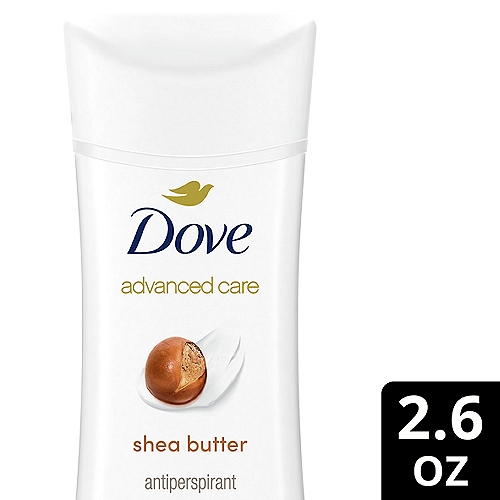 Dove Advanced Care Shea Butter Antiperspirant Deodorant, 2.6 oz
If you're looking for an effective antiperspirant that'll care for your skin, treat yourself to Dove Advanced Care Shea Butter Antiperspirant Deodorant Stick. Dove's Shea Butter antiperspirant stick protects against odor and also helps keep sweat at bay for up to 48 hours. Featuring rich shea butter and warm vanilla scents, this antiperspirant deodorant will keep you feeling fresh all day. Our formula, containing Dove's 1/4 moisturizers with natural oil and 0% alcohol (ethanol), provides great underarm care for all kinds of skin, including sensitive skin. In fact, it even helps delicate underarm skin to recover from the irritation that regular shaving can cause. Use this deodorant for women regularly and enjoy soft and comfortable underarms that stay dry all day long.

For best results, apply this Dove antiperspirant deodorant to dry skin after showering and enjoy fresh, comfortably dry skin from morning to night.

Dove is certified cruelty-free by PETA because we believe that real beauty is cruelty-free.

We're on a mission to help women raise their self-esteem - because we believe beauty should be a source of confidence, not anxiety. Dove Antiperspirant Deodorants deliver effective underarm protection and are kind to skin, so women can be free of underarm inhibitions and live beautifully unselfconsciously.