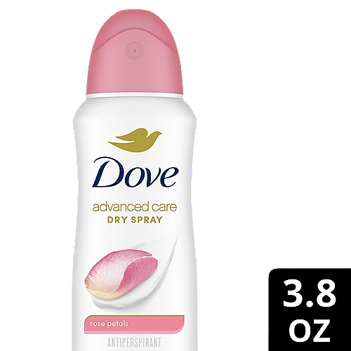 Dove Advanced Care Dry Spray Rose Petals Antiperspirant Deodorant, 3.8 oz
If self-care had a fragrance, what would it be? Our vote goes to delicate, floral scents. With Dove Advanced Care Rose Petals Dry Spray Antiperspirant Deodorant, you can treat your skin and your senses, whenever you need it most. Feel instantly dry and enjoy the light, flowery scent of rose layered over sandalwood and velvety peach. If you're wondering how to care for underarm skin, this dry spray is enriched with our signature 1/4 moisturizers with natural oil to give you noticeably soft skin. With an alcohol-free and kind-to-skin formula it's the perfect antiperspirant deodorant for irritated underarms. And that's not all. This gentle, non-irritating antiperspirant spray keeps you protected from sweat and odor for up to 48 hours. 

For best results, apply this Dove antiperspirant deodorant to dry skin after showering and enjoy fresh, comfortably dry skin from morning to night.

Dove is certified cruelty-free by PETA because we believe that real beauty is cruelty-free. 

We're on a mission to help women raise their self-esteem - because we believe beauty should be a source of confidence, not anxiety. Dove Antiperspirant Deodorants deliver effective underarm protection and are kind to skin, so women can be free of underarm inhibitions and live beautifully unselfconsciously.