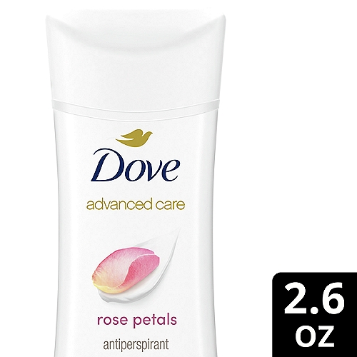 Dove Advanced Care Rose Petals 48h Antiperspirant Deodorant, 2.6 oz
If self-care had a fragrance, what would it be? Our vote goes to delicate, floral scents. With Dove Advanced Care Rose Petals Antiperspirant Deodorant Stick, you can treat your skin and your senses, whenever you need it most. Enjoy the light, flowery scent of rose layered over sandalwood and velvety peach. Wondering how to care for underarm skin? This antiperspirant stick, which is enriched with our signature 1/4 moisturizers with natural oil, gives you noticeably soft skin. With a kind-to-skin formula that contains 0% alcohol (ethanol), it's a great antiperspirant deodorant for irritated underarms. And that's not all. This gentle, non-irritating deodorant stick keeps you protected from sweat and odor for up to 48 hours. Use Dove deodorant for women regularly and you can enjoy beautifully soft and comfortable underarms that stay dry all day long.

For best results, apply this Dove antiperspirant deodorant to dry skin after showering and enjoy fresh, comfortably dry skin from morning to night.

Dove is certified cruelty-free by PETA because we believe that real beauty is cruelty-free. 

We're on a mission to help women raise their self-esteem - because we believe beauty should be a source of confidence, not anxiety. Dove Antiperspirant Deodorants deliver effective underarm protection and are kind to skin, so women can be free of underarm inhibitions and live beautifully unselfconsciously.