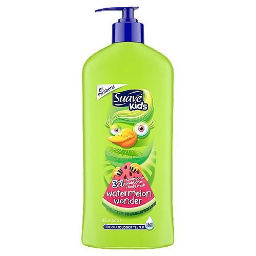 Suave Kids Watermelon Wonder 3 in 1 Shampoo + Conditioner + Body Wash, 18 fl oz
Suave Kids Wacky Melon 3 in 1 combines kids shampoo, conditioner and body wash in one quick step, perfect for kids who can't sit still! This kids body wash, shampoo and conditioner has been made with a dermatologist-tested formula to make sure your child has an enjoyable, tear-free experience. Suave Kids' 3 in 1 shampoo conditioner body wash for kids refreshes hair and doesn't leave any residue after washing. Your kids' hair will look and feel fresh and clean. The melon fragrance will give hair a subtle scent, making your kids' hair smell sweet and clean between washes. Suave Kids is a range of products designed specifically for kids. This 3 in 1 body wash works best when it's combined with other products in the Suave range. Try the Purely Fun Hair Detangler to make hair even easier to manage and style, and experiment with different fragrances in the shampoo body wash range, including Raspberry or Apple, until you find your kids' favorite. About Suave- For over 75 years Suave has offered professional quality products for the entire family, which are proven to work as well as salon brands. The Suave mission is to make gold standard quality attainable to all, so everyone can look good, smell good, and feel good every day.