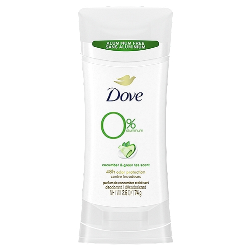 Dove 0% Aluminum Deodorant Stick Cucumber and Green Tea 2.6, 1
To keep your underarms feeling their best every day, they need the same love and care you give the rest of your body. Dove 0% Aluminum Deodorant Stick Cucumber and Green Tea is the most skin-kind aluminum-free deodorant, with no compromise on odor protection. So, when you use this 0% alcohol (ethanol) deodorant formula, you always get the protection you'd expect, and the care your delicate underarms deserve from an aluminum free deodorant.
Enriched with ¼ moisturizers, this gentle, non-irritating deodorant without aluminum works to give you soft, smooth underarms by caring for your skin. In addition to underarm care, Dove 0% aluminum deodorant provides effective odor protection. Designed to protect your underarms from odor for up to 48-hours, one application of this 0% alcohol (ethanol) deodorant formula will help you get on with your day worry free.
Smelling fresh and clean all day is a great way to boost your confidence. Infused with a refreshing cucumber and green tea scent, this deodorant for women gives long-lasting freshness with every application, leaving you feeling and smelling great, no matter what the day brings.
To get the most out of your deodorant stick without aluminum, swipe evenly onto clean, dry skin after showering and enjoy fresh-smelling underarms.
Made to be small and compact, this aluminum-free deodorant stick is ideal when you're on-the-go. Just pop into purses and desk drawers for easy access whenever you're in need of a quick refresh.
Dove believes that no young person should be held back from reaching their full potential. Since 2004, Dove has been building self-esteem in young people - and by 2030, they'll have helped ¼ billion through our educational programs.