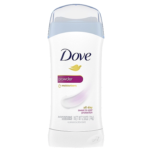 Dove Invisible Solid Antiperspirant Deodorant Stick Powder, 2.6 oz
Drug Facts
Active ingredient - Purpose
Aluminum chlorohydrate (19.6%) - antiperspirant

Uses
• reduces underarm wetness
• 24 hour protection

For soft, smooth underarms and invisible protection that lasts all day, look no further than Dove Invisible Solid Powder Antiperspirant Deodorant Stick.

Formulated with ¼ moisturizers, this antiperspirant deodorant for women leaves your underarm skin feeling soft and smooth. The 0% alcohol (ethanol) formula helps your underarm skin recover from irritation caused by shaving, too.

And it doesn't stop there. This deodorant stick gives you all day antiperspirant protection from underarm sweat and odor, has a powdery scent that indulges your senses throughout the day, and glides on for easy application. Plus, it's invisible and leaves no white marks behind, so you can stay fresh, comfortable and confident all day long.

To get the most out of your antiperspirant deodorant stick, swipe it over cool, dry underarms two or three times until an even layer is applied. Its invisible solid format means you can get dressed and go, without worrying about deodorant stains.

At Dove, our vision is of a world where beauty is a source of confidence, and not anxiety. So, we are on a mission to help the next generation of women develop a positive relationship with the way they look - helping them raise their self-esteem and realize their full potential.

Globally, Dove does not test on animals, so all of our antiperspirant deodorants are cruelty-free and certified by PETA for added peace of mind.
