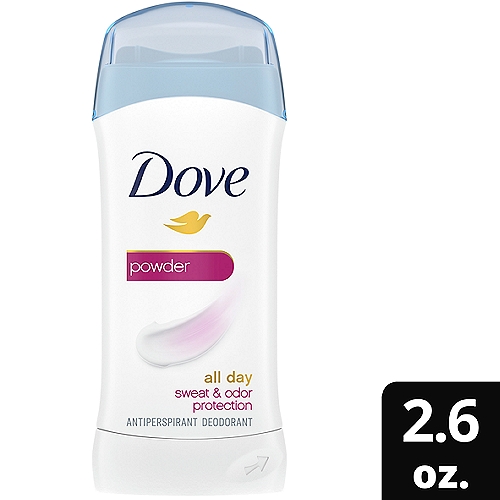 Dove Invisible Solid Powder Antiperspirant Deodorant, 2.6 oznFor soft, smooth underarms and invisible protection that lasts all day, look no further than Dove Invisible Solid Powder Antiperspirant Deodorant Stick.nnFormulated with ¼ moisturizers, this antiperspirant deodorant for women leaves your underarm skin feeling soft and smooth. The 0% alcohol (ethanol) formula helps your underarm skin recover from irritation caused by shaving, too.nnAnd it doesn't stop there. This deodorant stick gives you all day antiperspirant protection from underarm sweat and odor, has a powdery scent that indulges your senses throughout the day, and glides on for easy application. Plus, it's invisible and leaves no white marks behind, so you can stay fresh, comfortable and confident all day long.nnTo get the most out of your antiperspirant deodorant stick, swipe it over cool, dry underarms two or three times until an even layer is applied. Its invisible solid format means you can get dressed and go, without worrying about deodorant stains.nnAt Dove, our vision is of a world where beauty is a source of confidence, and not anxiety. So, we are on a mission to help the next generation of women develop a positive relationship with the way they look - helping them raise their self-esteem and realize their full potential.nnGlobally, Dove does not test on animals, so all of our antiperspirant deodorants are cruelty-free and certified by PETA for added peace of mind.