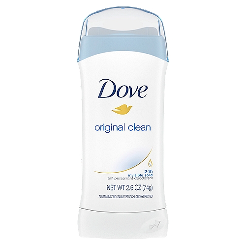 Dove Invisible Solid Antiperspirant Deodorant Stick Original Clean, 2.6 oz
Drug Facts
Active ingredient - Purpose
Aluminum chlorohydrate (19.6%) - antiperspirant

Uses
• reduces underarm wetness
• 24 hour protection

For soft, smooth underarms and invisible protection that lasts all day, look no further than Dove Invisible Solid Original Clean Antiperspirant Deodorant Stick.

Formulated with ¼ moisturizers, this antiperspirant deodorant for women leaves your underarm skin feeling soft and smooth. The 0% alcohol (ethanol) formula helps your underarm skin recover from irritation caused by shaving, too.

And it doesn't stop there. This deodorant stick gives you all day antiperspirant protection from underarm sweat and odor, has a clean, signature fragrance to keep you feeling fresh all day, and glides on for easy application. Plus, it's invisible and leaves no white marks behind, so you can stay fresh, comfortable and confident all day long.

To get the most out of your antiperspirant deodorant stick, swipe it over cool, dry underarms two or three times until an even layer is applied. Its invisible solid format means you can get dressed and go, without worrying about deodorant stains.

At Dove, our vision is of a world where beauty is a source of confidence, and not anxiety. So, we are on a mission to help the next generation of women develop a positive relationship with the way they look - helping them raise their self-esteem and realize their full potential.

Globally, Dove does not test on animals, so all of our antiperspirant deodorants are cruelty-free and certified by PETA for added peace of mind.