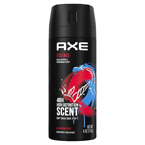 AXE Dual Action Body Spray Deodorant Essence 4.0 oz
Don't Mask Odor. Stop It

Discover deep freshness.

Get deep, mysterious freshness that lasts and lasts. And lasts. You never know when opportunity will strike, so you need a mens deodorant that's going to keep you smelling amazing from dawn to dusk. With its odor protection technology, new Dual Action AXE Essence Body Spray for Men has got you covered. Experience the naturally sweet scent of tropical coconut and spicy black pepper. Stay fresh. Smell ready. All. Day. Long.
 
Bust odor. Boost Scent. 

Checked out our fresh new look? That's not the only thing that's new around here.* Our revolutionary new Dual Action Technology fights odor-causing bacteria so you can bust odor and smell irresistible for 48 hours. So that no matter what comes your way, you're ready.

*Don't worry, we haven't messed with the classic AXE Essence fragrance. We know it's perfect already. 

Fresher you, cleaner planet. By 2025, AXE aims for all our packaging to be recyclable or to include recycled materials. 

At AXE, we believe that one of the keys to attraction is an irresistible fragrance. That's why we're dedicated to giving you all the best tools to make sure that whenever opportunity comes your way, you're smelling your absolute best. 

From our body spray deodorant to our shower gels, our antiperspirants to our deodorants, we're doing everything we can to make sure no one gets left out of the attraction game. 

Welcome to the future. It smells amazing.
New and upgraded AXE. Smell ready.