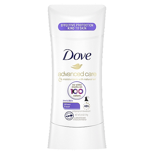 Dove Advanced Care Invisible Sheer Fresh 48h Antiperspirant Deodorant, 2.6 oz
Drug Facts
Active ingredient - Purpose
Aluminum zirconium tetrachlorohydrex Gly (11.4%) - antiperspirant

Uses
Reduces underarm wetness