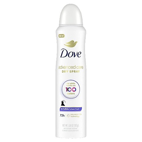 Dove Advanced Care Invisible Dry Spray Antiperspirant Deodorant Sheer Fresh 3.8 oz
Drug Facts
Active ingredient - Purpose
Aluminum chlorohydrate (20.2%) - antiperspirant

Uses
• reduces underarm wetness

Dove Advanced Care Invisible Sheer Fresh Dry Spray Antiperspirant Deodorant for women keeps your favorite outfits looking their best. This antiperspirant deodorant spray is invisible and proven to leave no white marks on 100 colors of clothing. It dries instantly so you don't have to break your stride when getting ready to go. Giving you long-lasting protection against underarm sweat and odor, this non-irritating antiperspirant for women will leave your underarms feeling healthy and protected for up to 48 hours. Enriched with our signature 1/4 moisturizers with natural oil, this antiperspirant gives you gentle a dose of underarm care. Its 0% alcohol (ethanol) formula helps reduce irritation from shaving and leaves you with the fresh scent of cucumber with notes of freesias, lily and rose. Use Dove women's deodorant regularly and you can enjoy beautifully soft and comfortable underarms that stay dry all day long.

For best results, spray each underarm with two or three short bursts from about 6 inches away. Apply this Dove antiperspirant deodorant to dry skin after showering and enjoy fresh, comfortably dry skin from morning to night. Dove is certified cruelty-free by PETA because we believe that real beauty is cruelty-free.

We're on a mission to help women raise their self-esteem - because we believe beauty should be a source of confidence, not anxiety. Dove Antiperspirant Deodorants deliver effective underarm protection and are kind to skin, so women can be free of underarm inhibitions and live beautifully unselfconsciously.