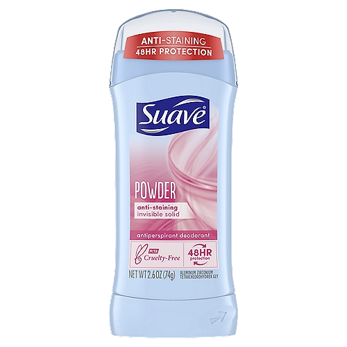 Suave Deodorant Powder Antiperspirant Deodorant, 2.6 oznFeel and smell powder fresh for longer. Suave Powder Invisible Solid deodorant and antiperspirant is anti-staining and protects for 48 hours. Our women's deodorant stick and antiperspirant provides long-lasting odor and wetness you can trust.nnSo fresh and so clean. Suave's deodorant for women has an anti-staining formula stays on skin, not clothes. This deodorant goes on clear, giving you underarm protection without leaving any messy residue. The result: you feel clean and refreshed for 48 hours.nnFeel clean, smell clean. Suave Powder Invisible Solid protects with a clean, powder scent that leaves you to feel fresh and confident for 48 hours.nnWant to try a new scent? Suave Invisible Solid is available in an array of fresh, floral and tropical scents. Choose from Fresh, Powder, Wild Cherry Blossom, Sweet Pea & Violet, Ocean Breeze, Tropical Paradise and Everlasting Sunshine. Find your favorite scent or choose a few!nnTo use: Apply this antiperspirant underarms only. Enjoy long-lasting odor and wetness protection for 48 hours.nnGlobally, Suave does not test on animals and is certified Cruelty-Free by PETA.nnFor Over 75 years, Suave has offered professional, quality products for the entire family, which are proven to work as well as salon brands. The Suave mission is to make gold standard quality attainable to all, so everyone can look good, smell good and feel good every day.