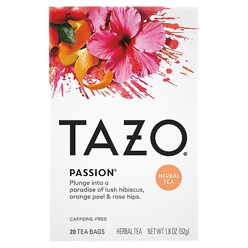 Tazo Tea Bags Herbal Tea 20 ct
Tazo Passion Herbal Tea are iced tea bags infused with the refreshing flavors of hibiscus, orange peel, rose hips, and passion fruit that create a surprising tropical twist. There are 20 individually wrapped tea bags to preserve the freshness you love in every box! Add one Tazo unsweetened tea bag to a cup, top it up with hot water, and let it brew for 5 minutes to release all the bright freshness inside. You may also enjoy our range of other herbal teas, each with its own unique aroma and flavor.

At Tazo, we're serious tea lovers, and we believe in the joy of tea. We believe each cup of tea should add a little joy to your day, whether you're drinking it as your morning tea or as an afternoon refreshment. That's why we seek out the most delicious tea leaves, spices, and botanicals to craft exhilarating and unexpected blends that delight the senses. Our tea buyers travel to origin countries regularly to taste and select the world's finest-quality teas and botanicals, and we carefully create our blends to craft complex flavors that complement each unique tea. Our tea experts are meticulous about blending because it lets us innovate taste profiles that are unlike those at any other tea brand.

We're always curious, always seeking, always questioning, and it's the unpredictable, the unforeseen that drives us. They drive us away from our safe comfort zone in a commandeered golf cart or on the first flight we could find to who knows where or to the last stop of the subway, whichever gets us to points unexplored.