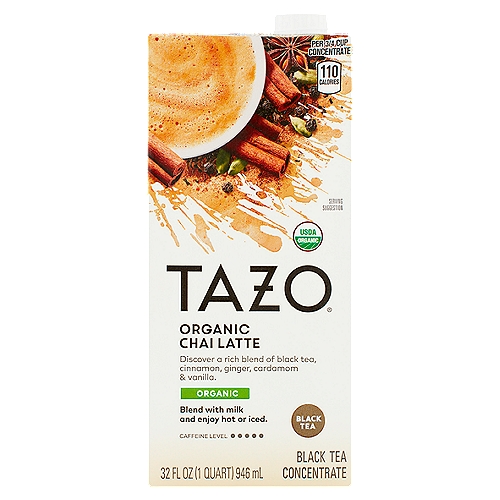 Tazo Organic Chai Latte Black Tea Concentrate, 32 fl oz
Discover a Rich Blend of Black Tea, Cinnamon, Ginger, Cardamom & Vanilla.

We get pretty intense when it comes to discovering the best tasting teas and richest spices from around the world. Our Organic Chai Latte is the warmest, richest result of all that tireless questing, featuring the boldest black teas blended with spiced notes of cinnamon, cardamom and ginger plus creamy vanilla and a touch of sweetness.