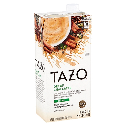 Tazo Decaf Chai Latte Black Tea Concentrate, 32 fl oz
Discover a rich decaffeinated blend of black tea, cinnamon, ginger, cardamom & vanilla.

We get pretty intense when it comes to discovering the best tasting teas and richest spices from around the world. Our Decaf Chai Latte is the warmest, richest result of all that tireless questing, featuring the boldest black teas blended with spiced notes of cinnamon, cardamom and ginger plus creamy vanilla and a touch of sweetness.