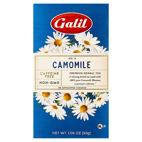 Galil No. 4 Camomile Premium Herbal Teabags, 20 count, 1.06 oz
A relaxing herbal tea made with 100% pure Camomile Blossoms to promote calmness.*
*These statements have not been evaluated by the Food and Drug Administration. This product is not intended to diagnose, treat, cure, or prevent any disease.

Offered in a medley of flavors, Galil Herbal Teas are made with a unique blend of only the finest herbs, fruits and flowers. Choose from any of our delicious and aromatic infusions for a delightful and refreshing herbal tea experience that can be enjoyed any time!