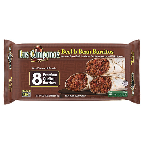 Las Campanas Beef & Bean Burritos, 8 count, 32 oz
Seasoned ground beef, farm grown pinto beans, onions, and mild jalapeños