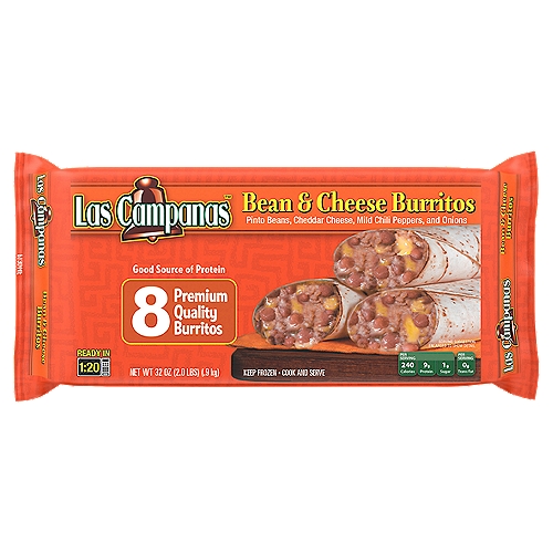 Las Campanas Bean & Cheese Burritos, 8 count, 32 oz
Pinto Beans, Cheddar Cheese, Mild Chili Peppers, and Onions